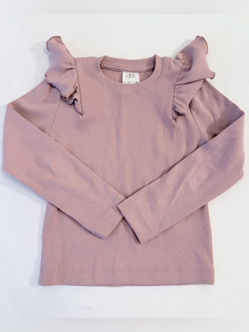 Zara Girls Light Dusty Pink Ruffle-Shoulder Long Sleeve Ribbed Top Size 6-7